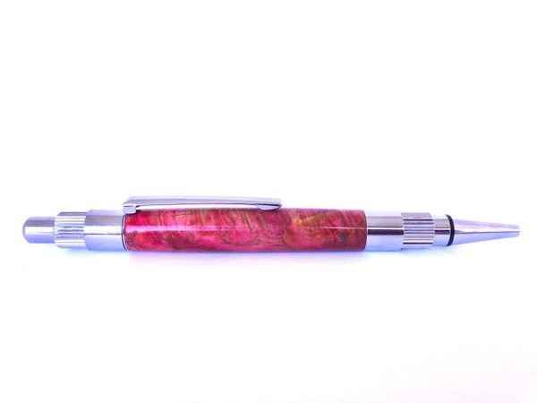 Klickkugelschreiber aus Esche Maser Holz mit pinknem Acryl stabilisiert