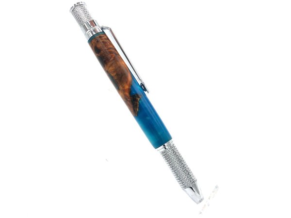 Drehkugelschreiber Pappel Maser mit blauem Acryl