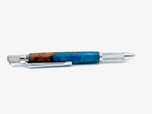 Drehkugelschreiber Pappel Maser mit blauem Acryl