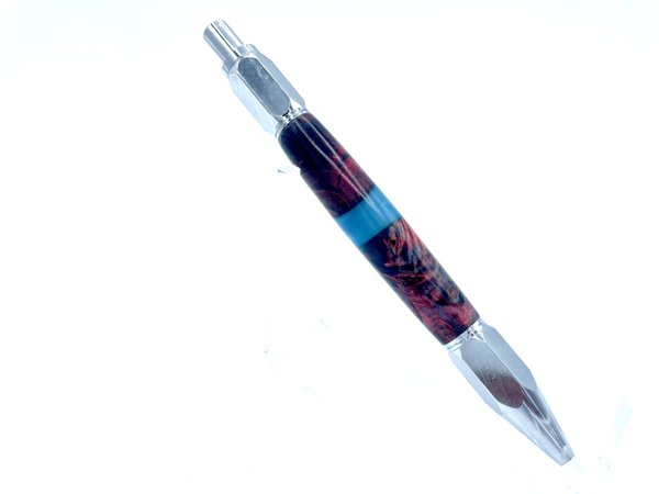 Klickkugelschreiber aus pink/ blauem stabilisiertem Esche Maser Holz mit blauem Acryl